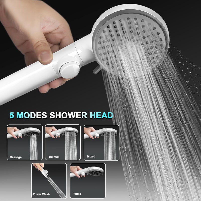 FOCSPROD RV Shower Head with Hose, High Pressure 5 Mode Shower head Replacement, Shower Head for RV/Campers, Travel Trailer, Motorhome for Water Saving, Shower Head Holder and Hose, On Off Switch, White - Image 3